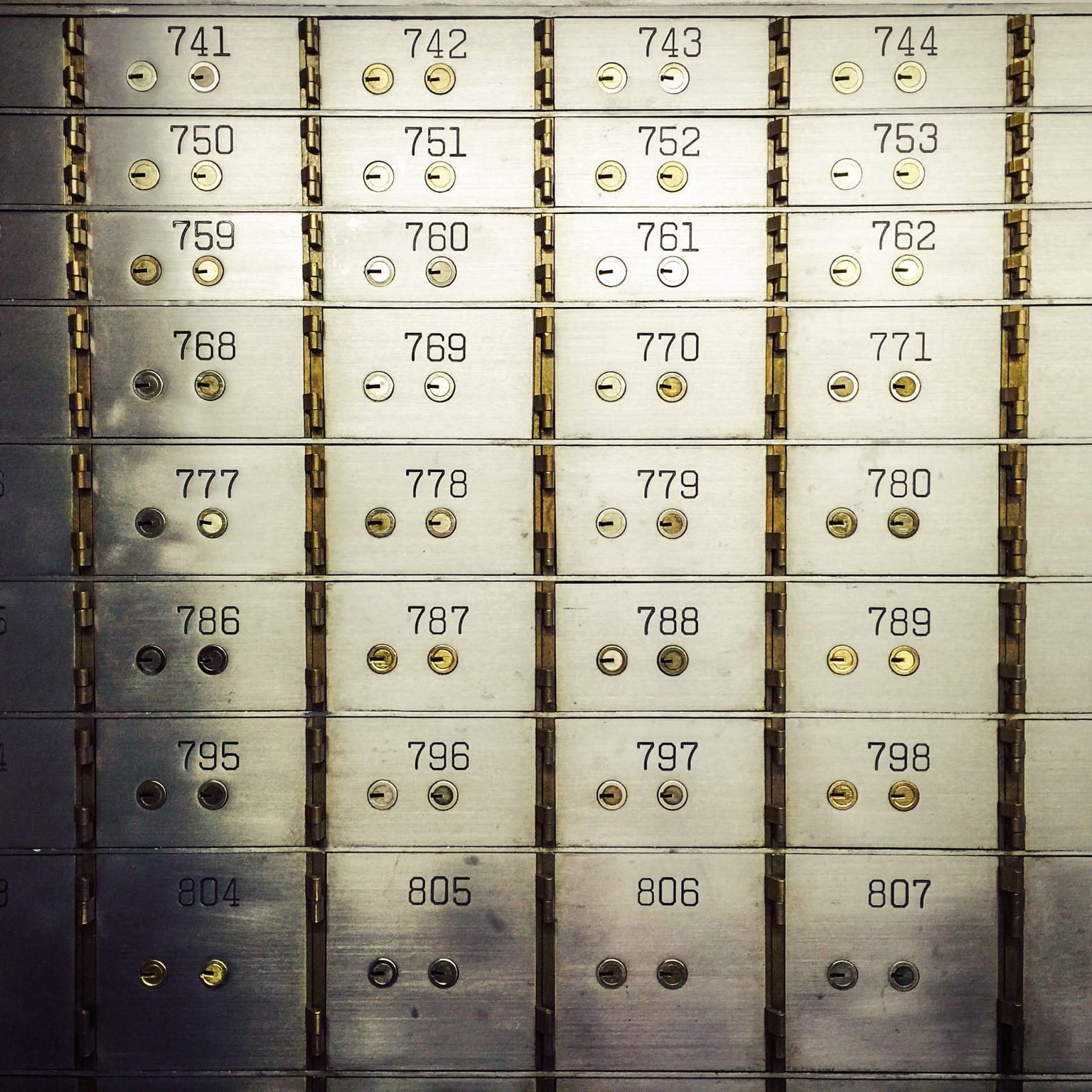 Wall of safe deposit boxes inside a bank vault