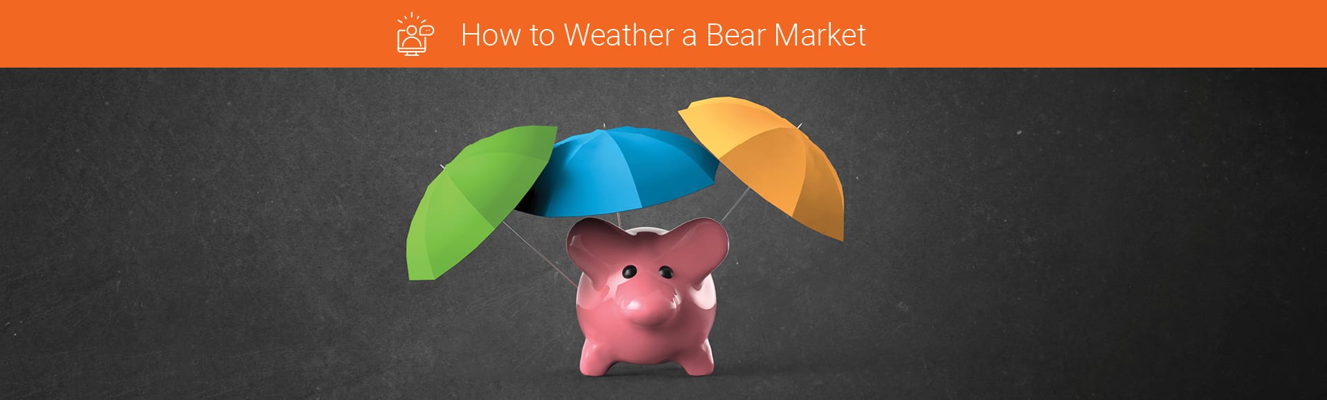 How to weather a bear market. Piggy bank holding three umbrellas on dark textured background.